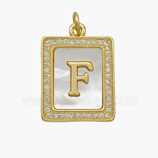 Copper Letter-F Pendant Pave Shell Zirconia Rectangle 18K Gold Plated