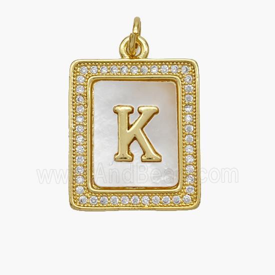 Copper Letter-K Pendant Pave Shell Zirconia Rectangle 18K Gold Plated