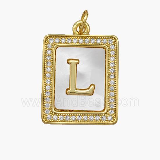 Copper Letter-L Pendant Pave Shell Zirconia Rectangle 18K Gold Plated