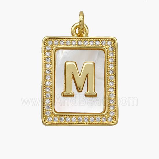Copper Letter-M Pendant Pave Shell Zirconia Rectangle 18K Gold Plated