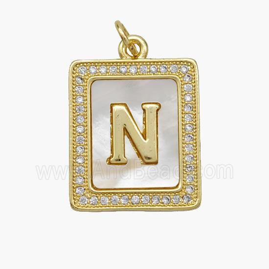 Copper Letter-N Pendant Pave Shell Zirconia Rectangle 18K Gold Plated