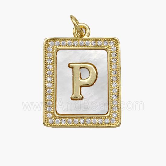 Copper Letter-P Pendant Pave Shell Zirconia Rectangle 18K Gold Plated