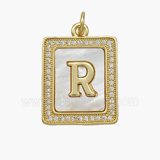Copper Letter-R Pendant Pave Shell Zirconia Rectangle 18K Gold Plated