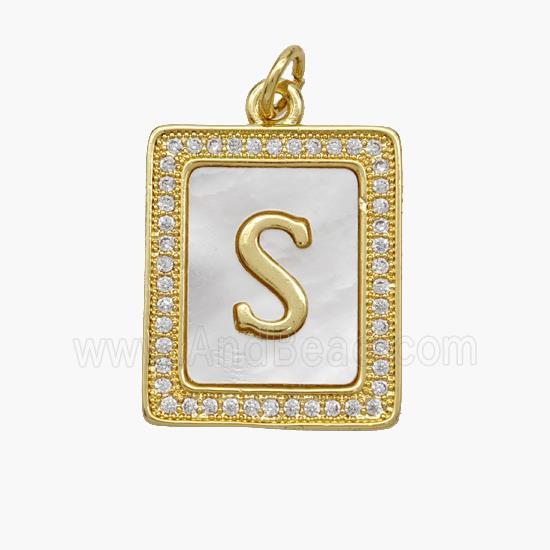 Copper Letter-S Pendant Pave Shell Zirconia Rectangle 18K Gold Plated