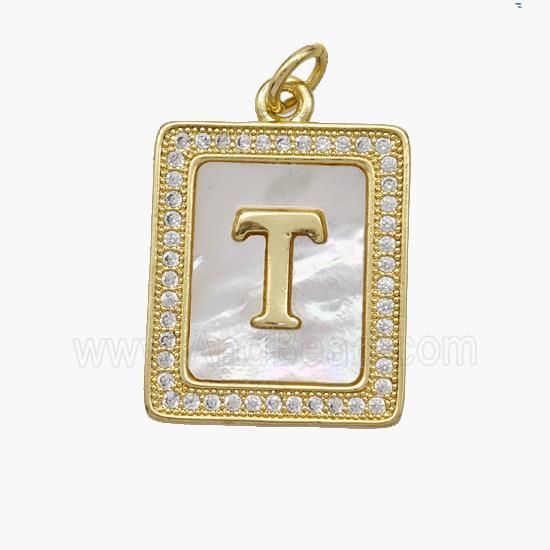 Copper Letter-T Pendant Pave Shell Zirconia Rectangle 18K Gold Plated