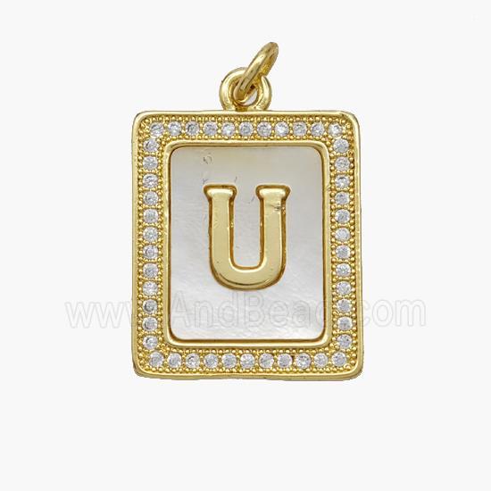 Copper Letter-U Pendant Pave Shell Zirconia Rectangle 18K Gold Plated