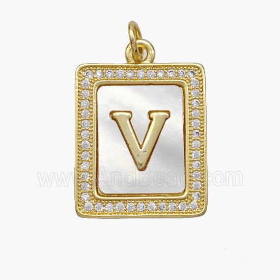 Copper Letter-V Pendant Pave Shell Zirconia Rectangle 18K Gold Plated