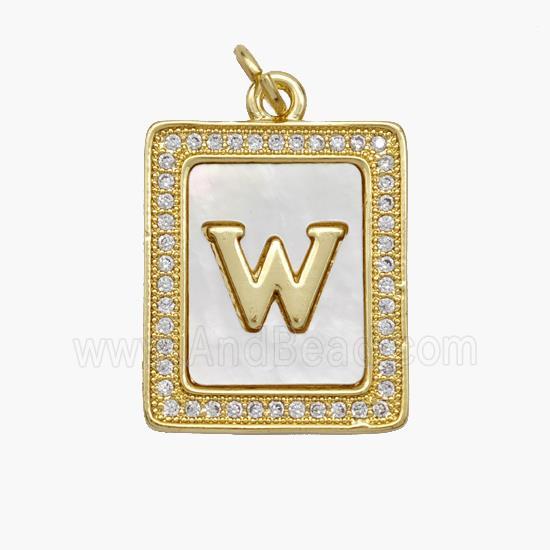 Copper Letter-W Pendant Pave Shell Zirconia Rectangle 18K Gold Plated