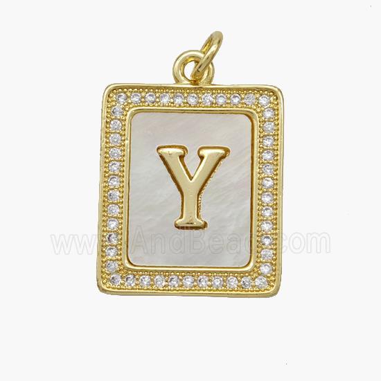 Copper Letter-Y Pendant Pave Shell Zirconia Rectangle 18K Gold Plated