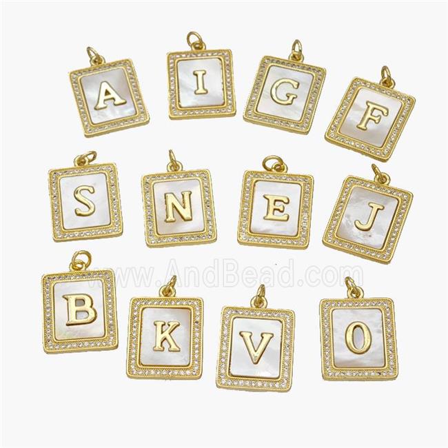 Copper Letters Pendant Pave Shell Zirconia Rectangle Alphabet 18K Gold Plated Mixed