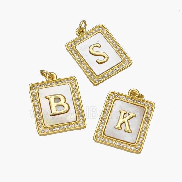 Copper Letters Pendant Pave Shell Zirconia Rectangle Alphabet 18K Gold Plated Mixed