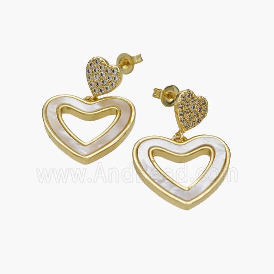 Copper Heart Stud Earrings Pave Shell Zirconia 18K Gold Plated