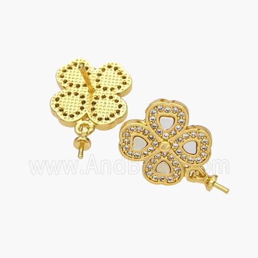 Copper Clover Stud Earrings Pave Shell Zirconia 18K Gold Plated