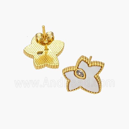 Copper Maple Leaf Stud Earrings Pave Shell Zirconia 18K Gold Plated