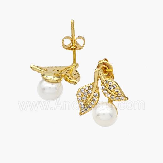 Copper Leaf Stud Earrings Pave Zirconia Pearlized Resin 18K Gold Plated