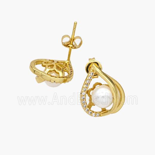 Copper Teardrop Stud Earrings Pave Pearlized Resin Zirconia 18K Gold Plated