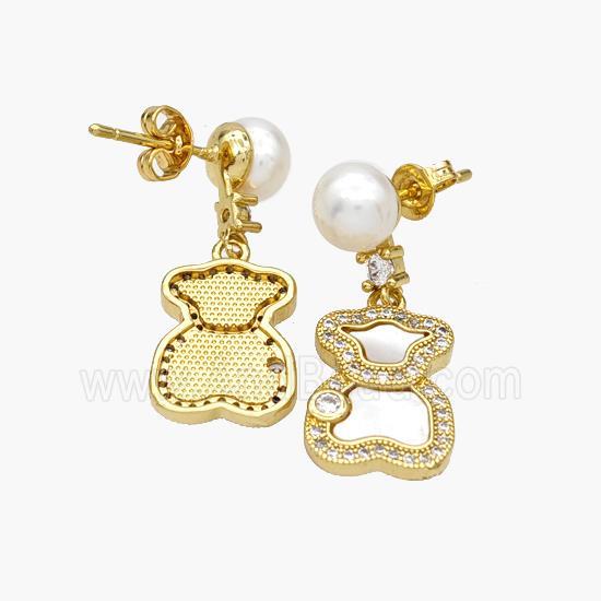 Copper Bear Stud Earrings Pave Pearlized Resin Shell 18K Gold Plated