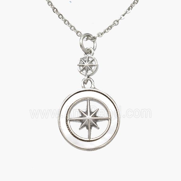 Copper Compass Necklace Pave Shell Platinum Plated