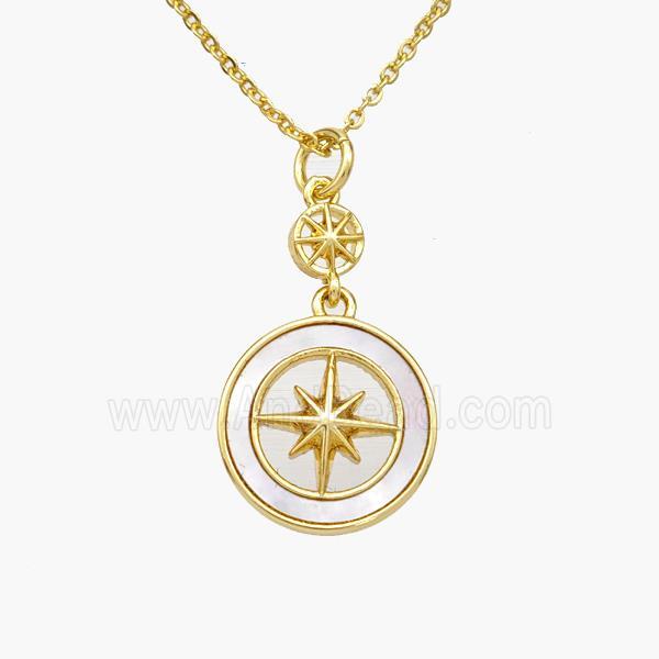 Copper Compass Necklace Pave Shell Gold Plated