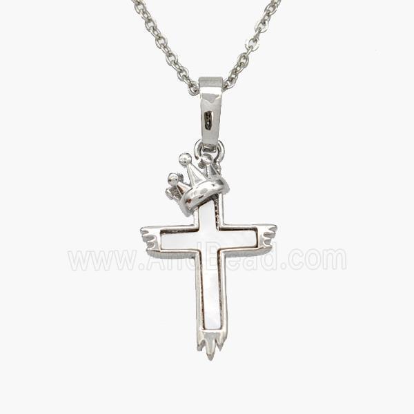 Copper Cross Necklace Pave Shell Crown Platinum Plated