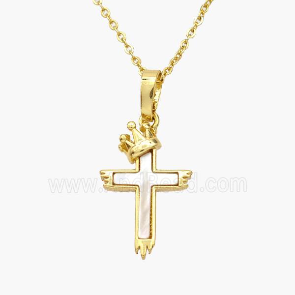 Copper Cross Necklace Pave Shell Crown Gold Plated