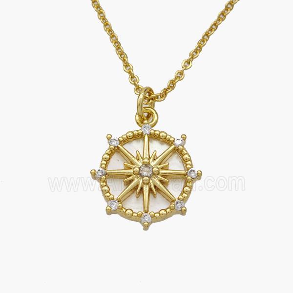 Copper Compass Necklace Pave Shell Gold Plated