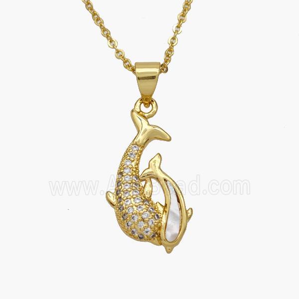 Copper Dolphin Necklace Pave Shell Zirconia Gold Plated