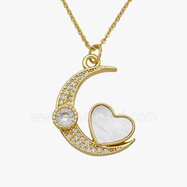 Copper Moon Heart Necklace Pave Shell Zirconia Gold Plated