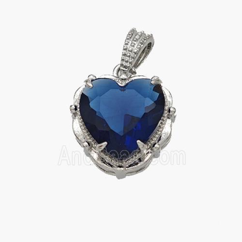 Copper Heart Pendant Pave Blue Crystal Glass Platinum Plated