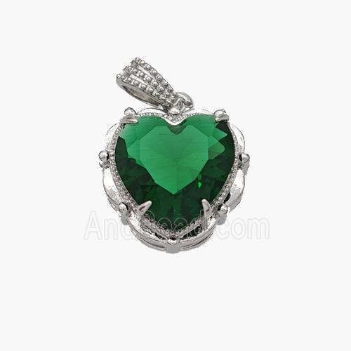 Copper Heart Pendant Pave Green Crystal Glass Platinum Plated