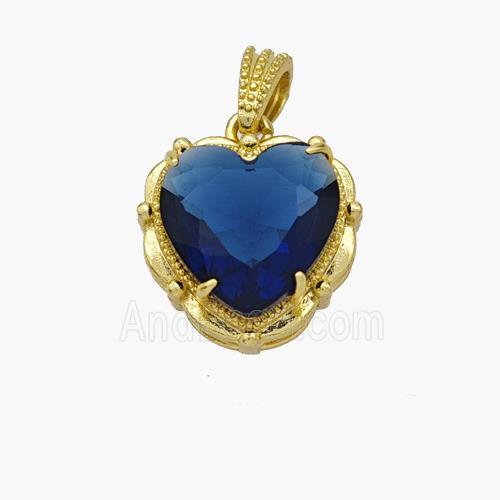 Copper Heart Pendant Pave Blue Crystal Glass Gold Plated