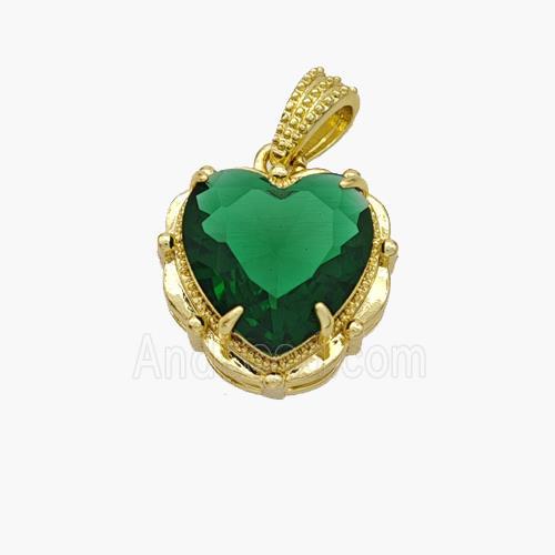 Copper Heart Pendant Pave Green Crystal Glass Gold Plated