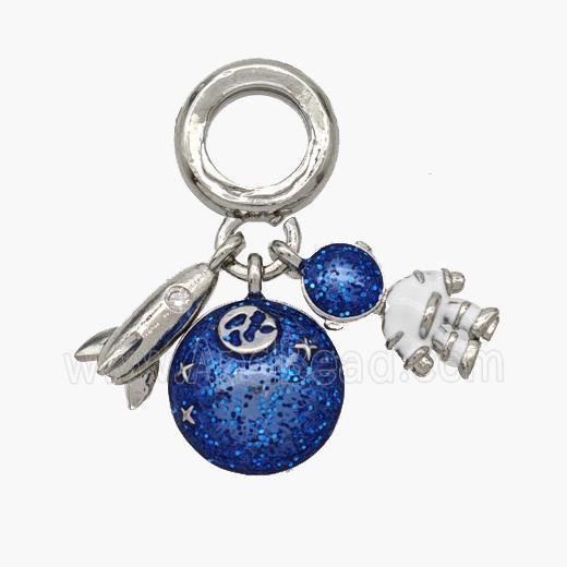 Shuttle Earth And Cosmonaut Charms Copper Pendant Enamel Platinum Plated