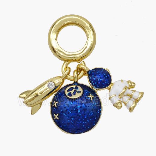 Shuttle Earth And Cosmonaut Charms Copper Pendant Enamel Gold Plated