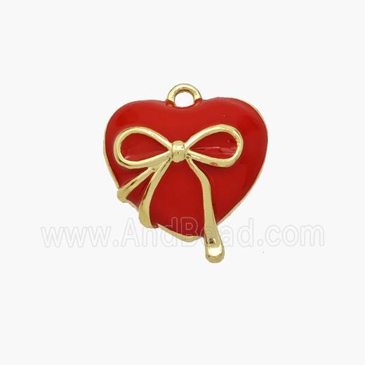 Copper Heart Pendant Red Enamel Bowknot Gold Plated