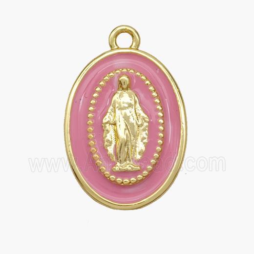 Copper Jesus Pendant Pink Enamel Oval Gold Plated