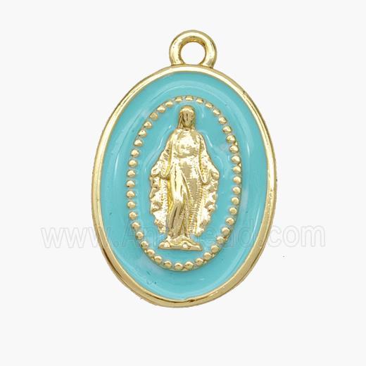 Copper Jesus Pendant Teal Enamel Oval Gold Plated