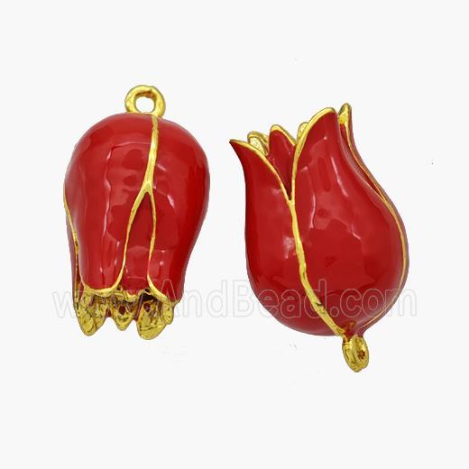 Copper Lotus Pendant Red Enamel Flower Gold Plated