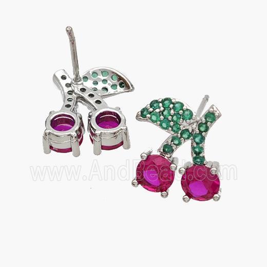 Copper Cherry Stud Earrings Pave Zirconia Platinum Plated