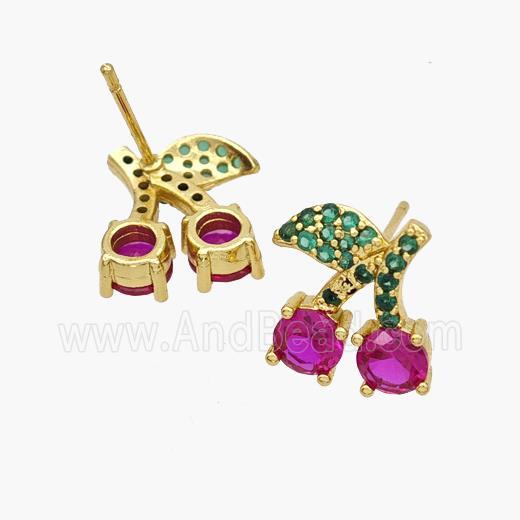 Copper Cherry Stud Earrings Pave Zirconia Gold Plated