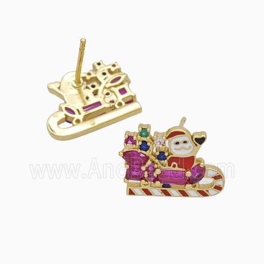 Christmas Santa Claus Charms Copper Stud Earrings Pave Zirconia Enamel Gold Plated