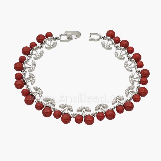 Copper Cherry Bracelet Pave Zirconia Red Resin Ball Platinum Plated