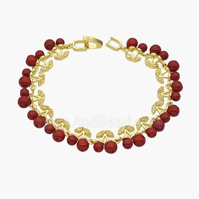 Copper Cherry Bracelet Pave Zirconia Red Resin Ball Gold Plated