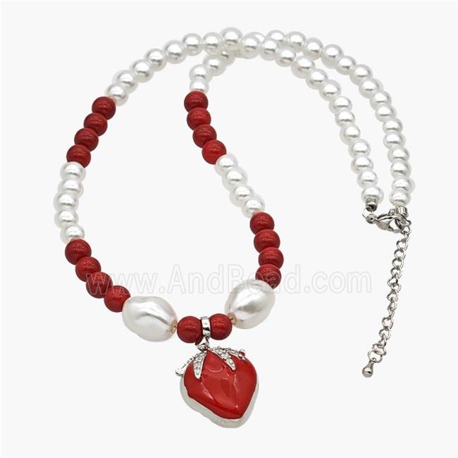 Pearlized Resin Necklace With Copper Cherry Pendant Red Enamel Platinum Plated