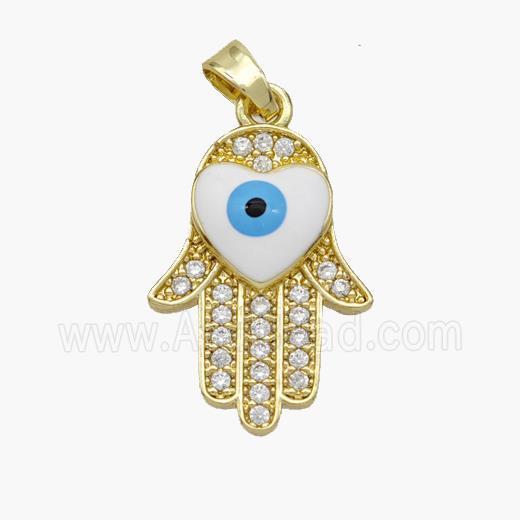 Copper Hamsahand Pendant Pave Zirconia Evil Eye White Enamel Gold Plated