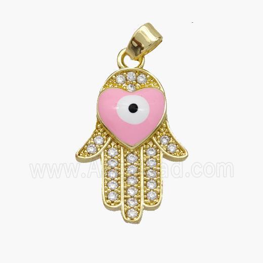 Copper Hamsahand Pendant Pave Zirconia Evil Eye Pink Enamel Gold Plated