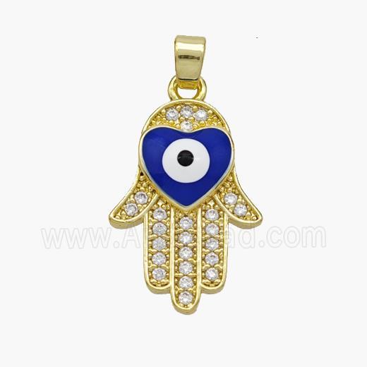Copper Hamsahand Pendant Pave Zirconia Evil Eye Blue Enamel Gold Plated