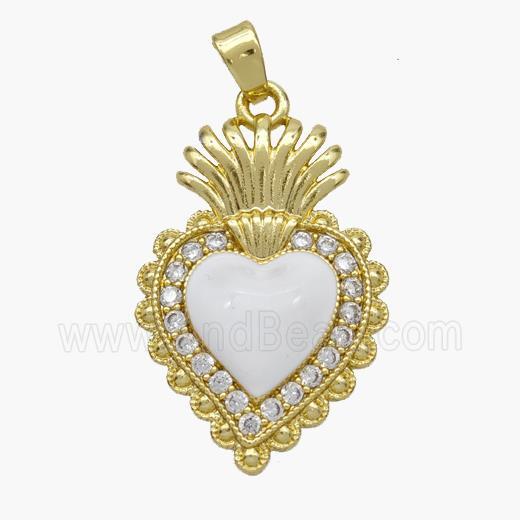 Copper Heart Pendant Pave Zirconia White Enamel Gold Plated