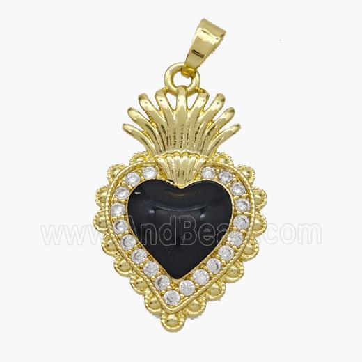 Copper Heart Pendant Pave Zirconia Black Enamel Gold Plated