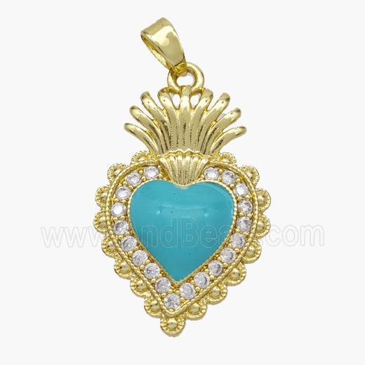 Copper Heart Pendant Pave Zirconia Teal Enamel Gold Plated